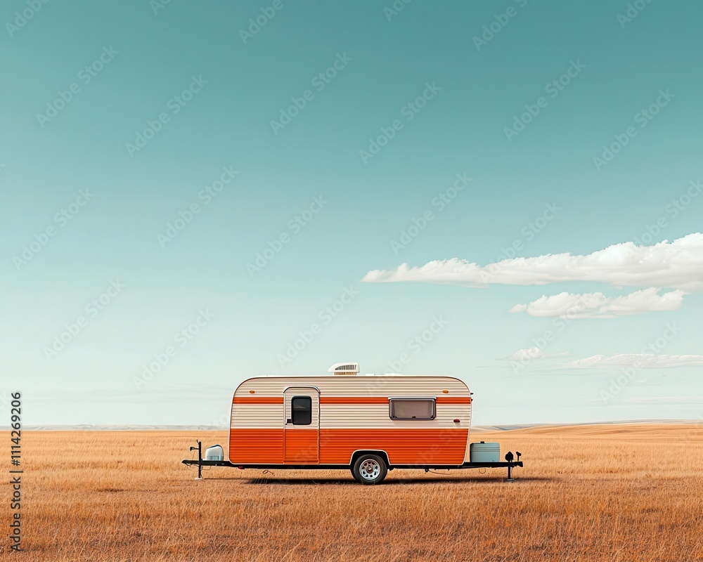 Tiny minimalist travel trailer parked in a wideopen prairie with no other elements Tiny minimalist travel trailer parked in a wideopen prairie with no other elements