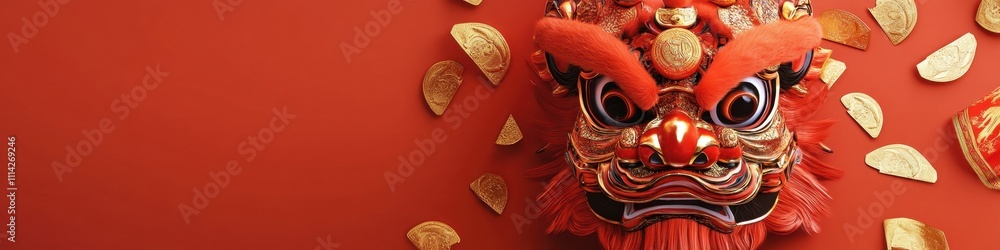 Fototapeta premium Chinese New Year Celebration: Lion Dance Mask with Gold Coins and Festive Treats