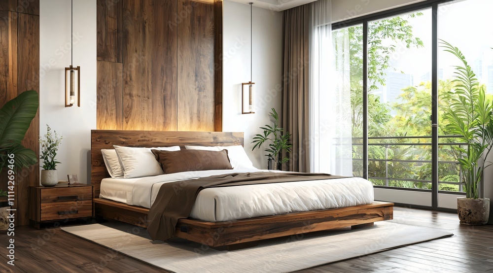 Fototapeta premium Modern Bedroom Interior Design Luxury Wooden Bed Tranquil View
