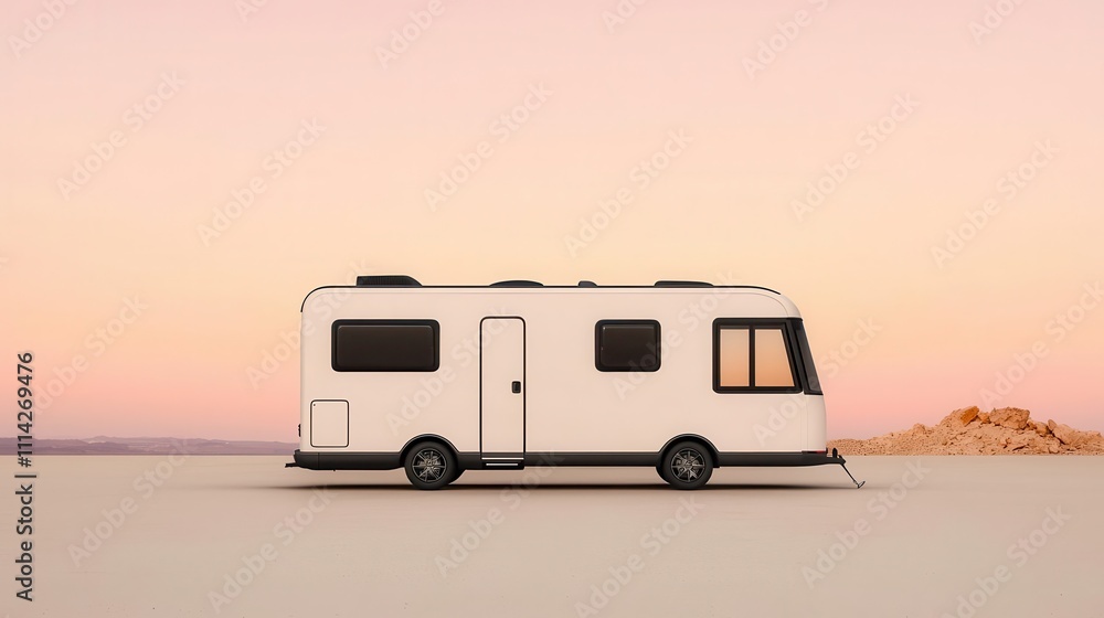 Minimalist RV design with sleek lines and neutral tones parked in a serene desert landscape Minimalist RV design with sleek lines and neutral tones parked in a serene desert landscape