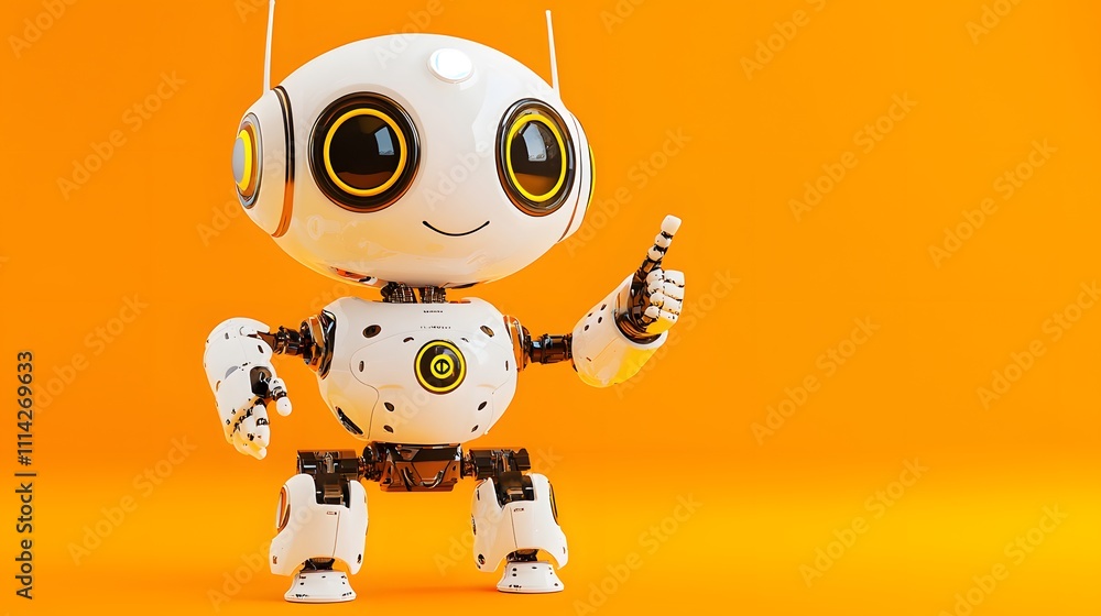 Obraz premium Adorable White Robot with Big Eyes and Smiling Face Pointing Upward, Solid Soft Orange Background for Tech-Themed Visuals