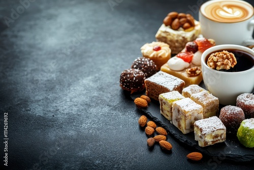 Middle Eastern Sweets, Turkish Delights and Black Coffee on black background, copy space. Arab dessert assortment, rahat lokum, halva, sherber, pismaniye with nuts and dates  photo