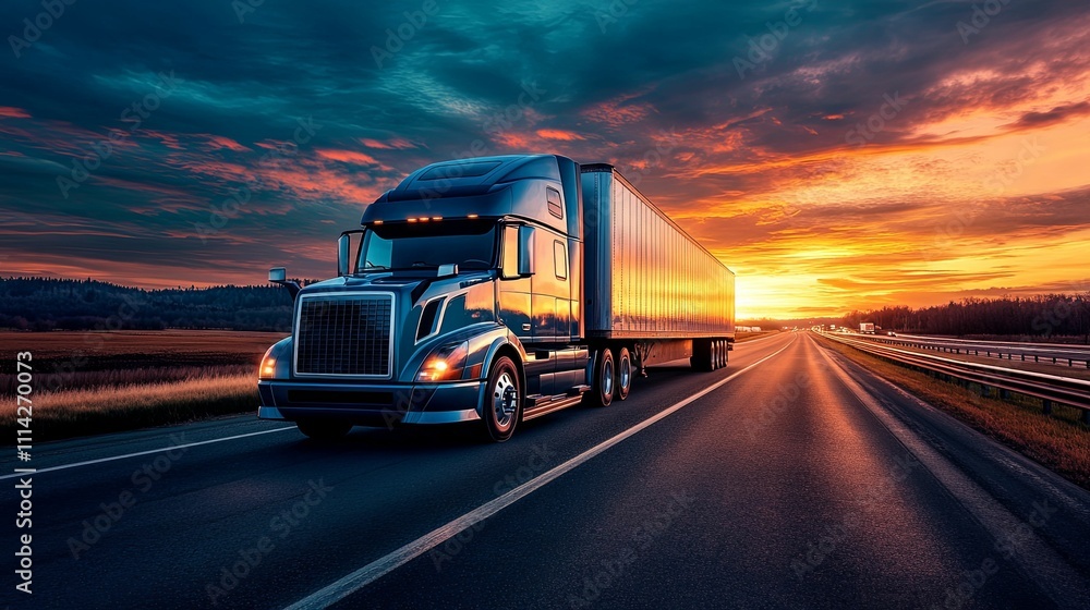 Big Rig Truck Driving on Highway at Sunset Big Rig Truck Driving on Highway at Sunset