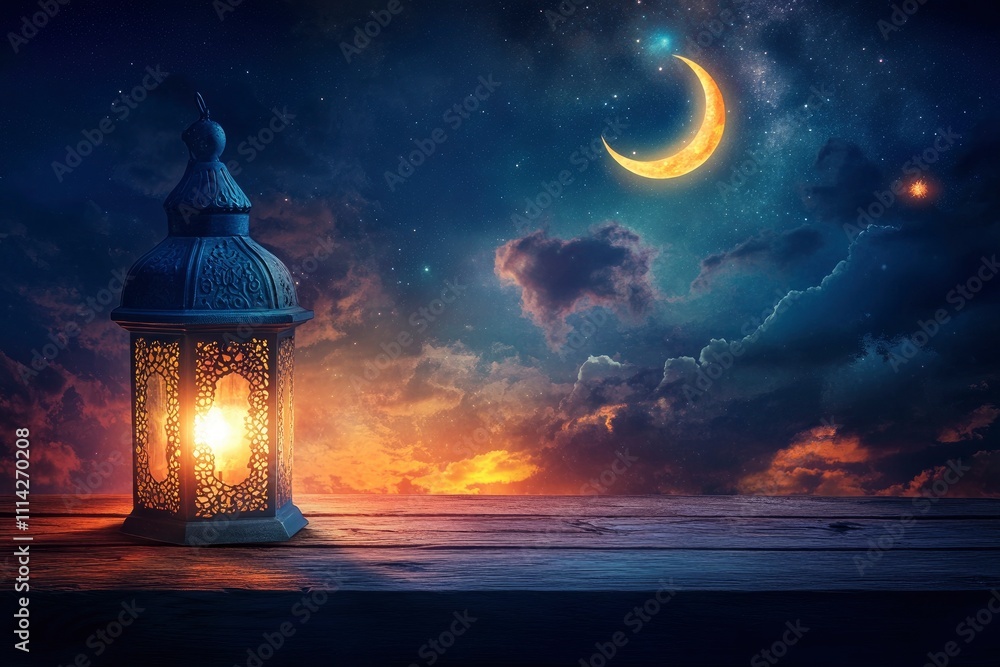 Moroccan, Arabic lantern and dates on on an old wooden table with the night sky and the Crescent moon and the star behind. Greeting card for Muslim community holy month Ramadan Kareem. Free space Moroccan, Arabic lantern and dates on on an old wooden table with the night sky and the Crescent moon and the star behind. Greeting card for Muslim community holy month Ramadan Kareem. Free space