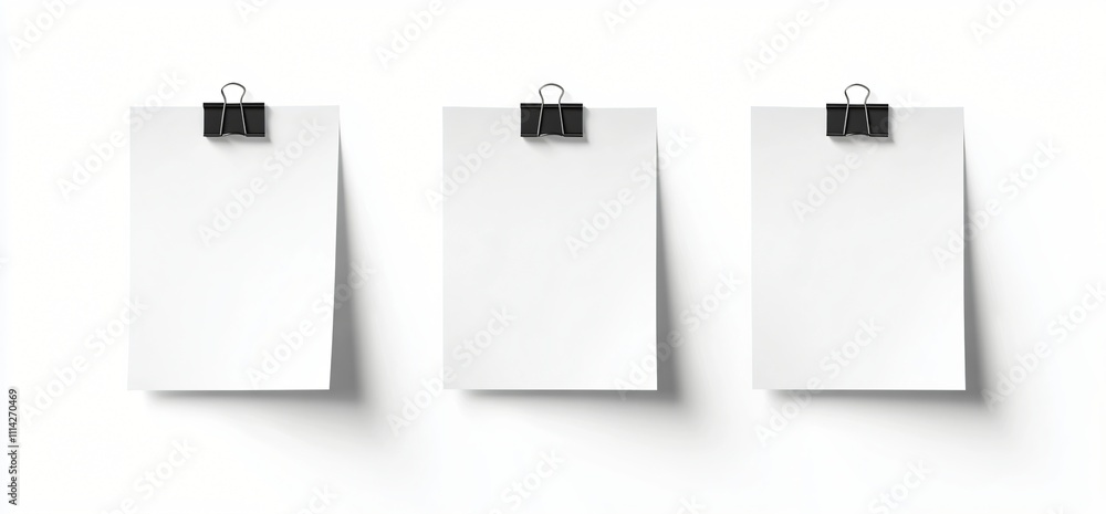 Blank Paper Sheets with Black Binder Clips Mockup Blank Paper Sheets with Black Binder Clips Mockup