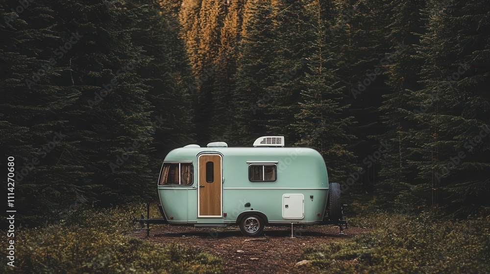 A small, modern RV with geometric shapes and simple color accents, blending into a forest setting A small, modern RV with geometric shapes and simple color accents, blending into a forest setting