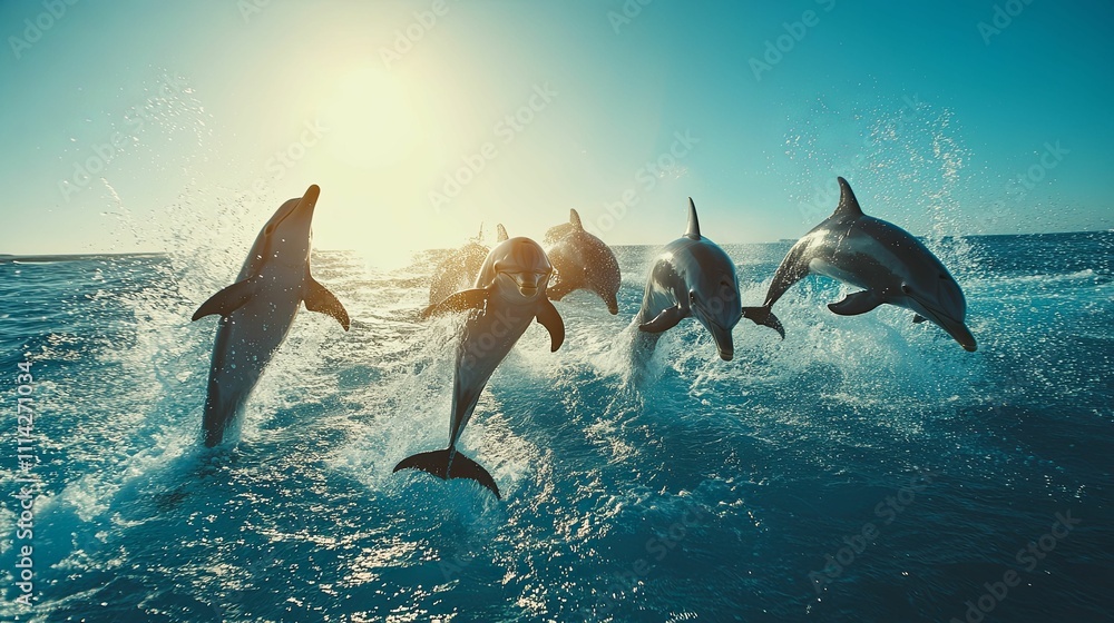 Obraz premium Dolphins leaping playfully in ocean sunlight