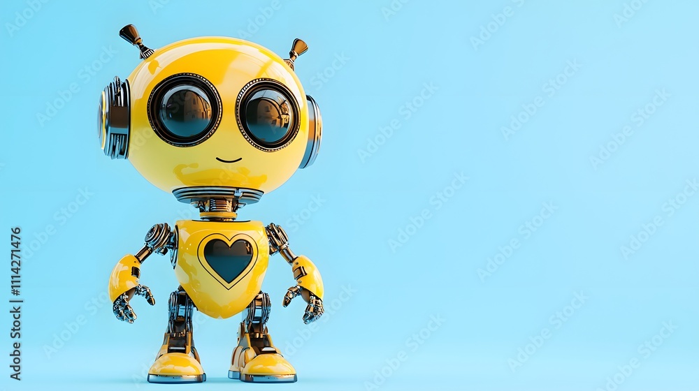Adorable Yellow Robot with Heart-Shaped Eyes Pointing Downwards, Solid Pale Blue Background for Tech Ads with Copy Space Adorable Yellow Robot with Heart-Shaped Eyes Pointing Downwards, Solid Pale Blue Background for Tech Ads with Copy Space