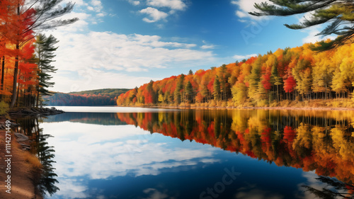 Golden and Crimson Autumn Foliage in a Scenic Forest, Perfect for Fall Landscapes, Nature-Themed Campaigns, Seasonal Posters, Outdoor Travel Content, and Rustic Decor Ideas photo