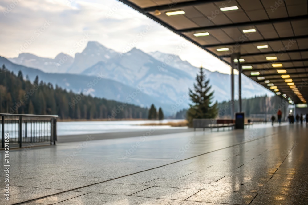 Serene mountain vista viewed from a modern covered walkway Serene mountain vista viewed from a modern covered walkway