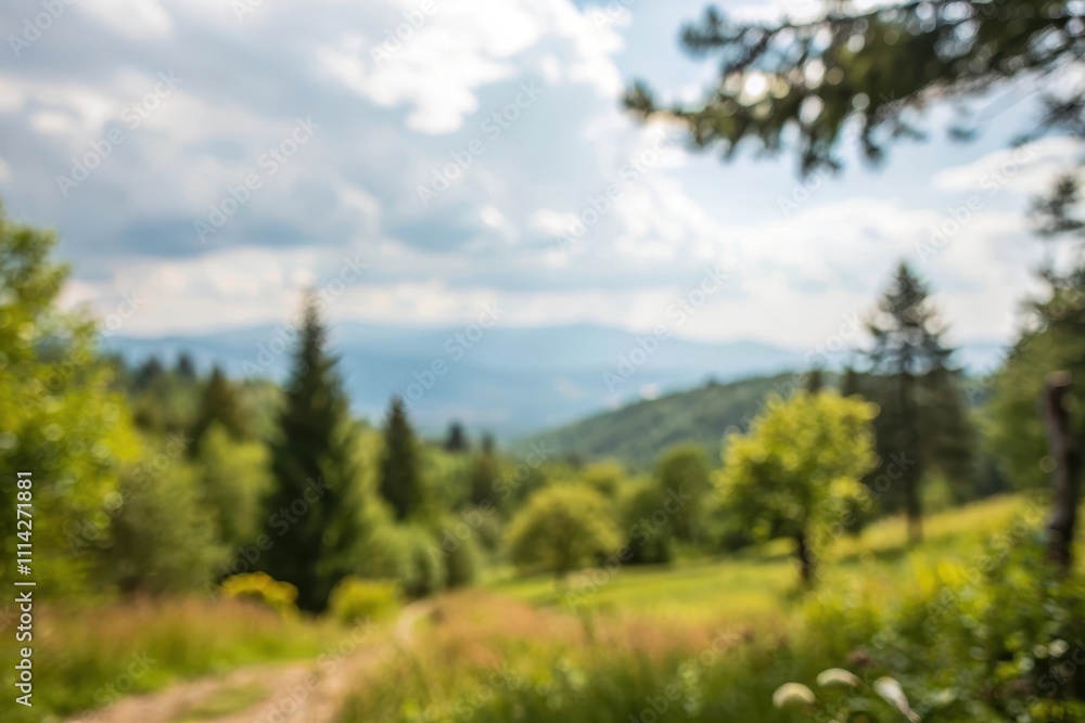 A Serene Blurred Landscape of Rolling Hills and Lush Greenery on a Partly Cloudy Day A Serene Blurred Landscape of Rolling Hills and Lush Greenery on a Partly Cloudy Day