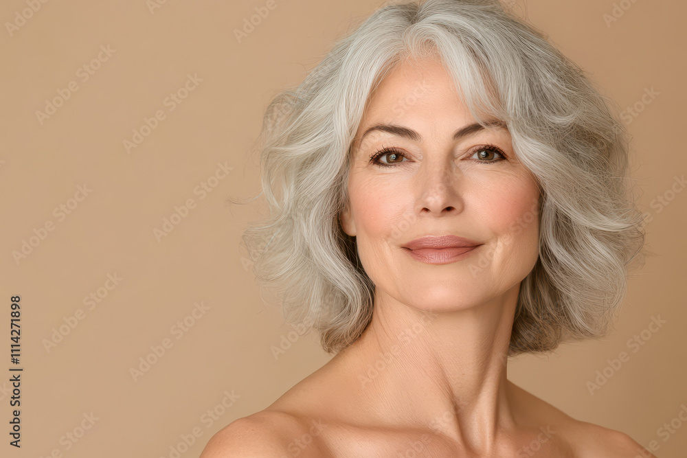 Beautiful mature woman with gray hair smiling gently