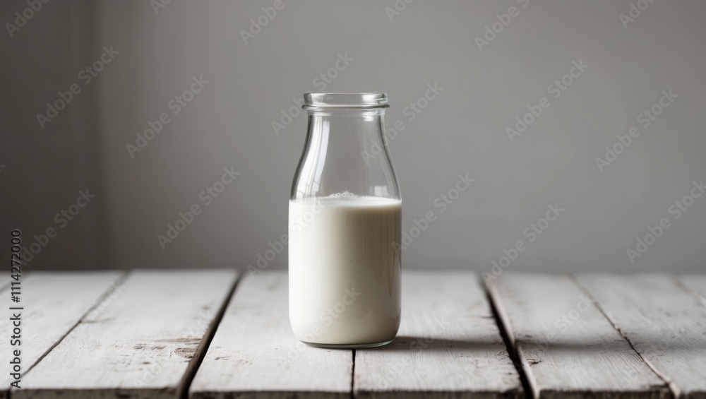 Glass bottle of milk on rustic wooden surface. Glass bottle of milk on rustic wooden surface.