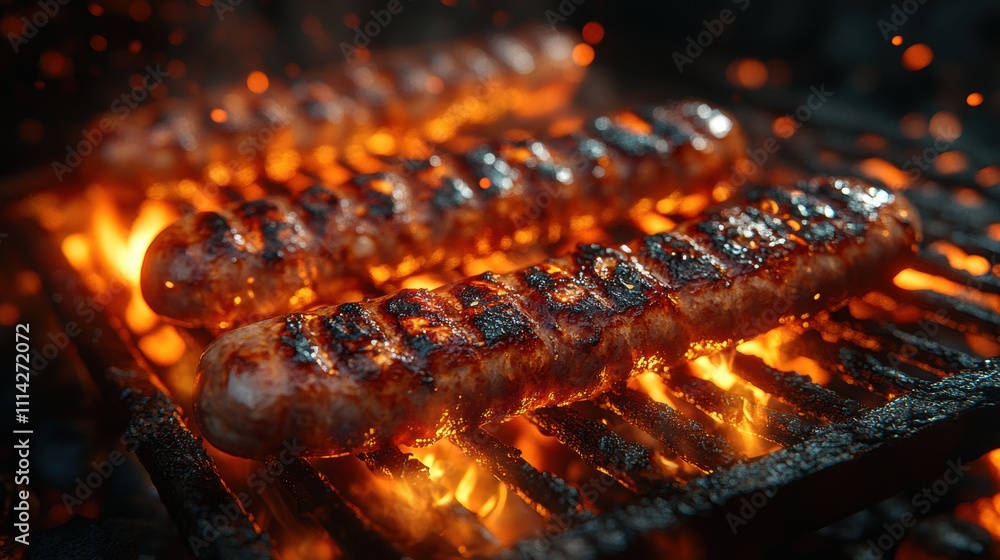 Juicy sausages grilling on open flames, char marks visible, with smoke and embers rising in a vibrant outdoor barbecue setting, showcasing the essence of outdoor cooking. Juicy sausages grilling on open flames, char marks visible, with smoke and embers rising in a vibrant outdoor barbecue setting, showcasing the essence of outdoor cooking.