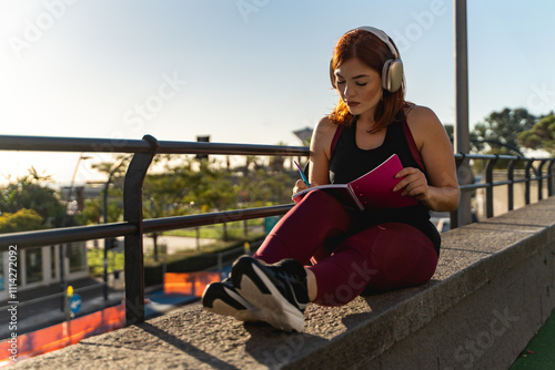 Curvy woman planning fitness goals while listening to music during outdoor workout break photo