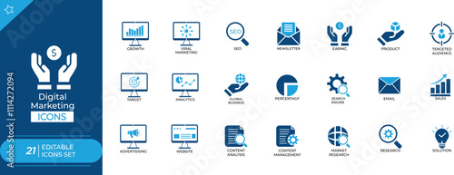 Digital Marketing Icon Set. Features editable icons for quality assurance symbols, inspection, standards, compliance, and more. Perfect for manufacturing, industrial, and business designs.