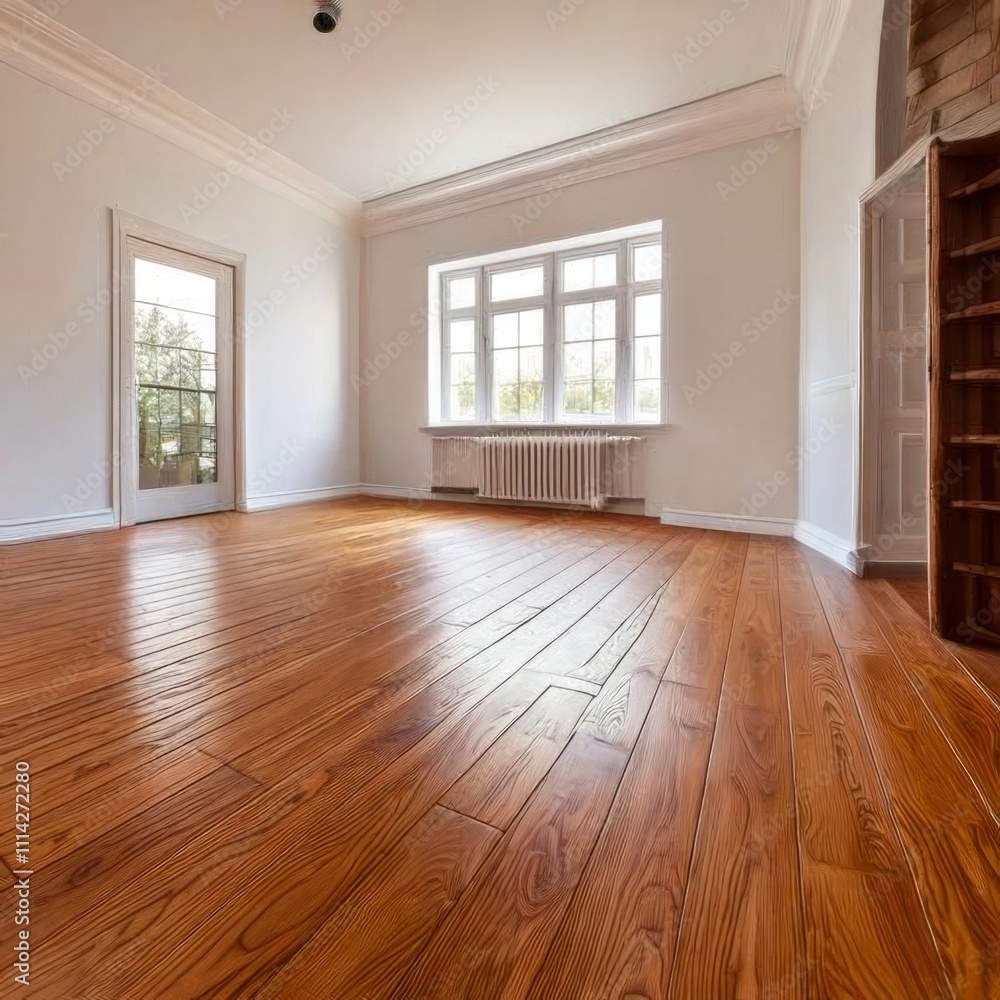Fototapeta premium White wall in an empty room with wooden floor texture. Decoration design room background