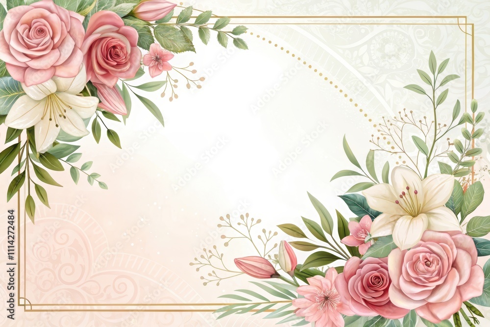 Elegant Floral Frame with Roses and Lilies, Perfect for Wedding Invitations or Announcements