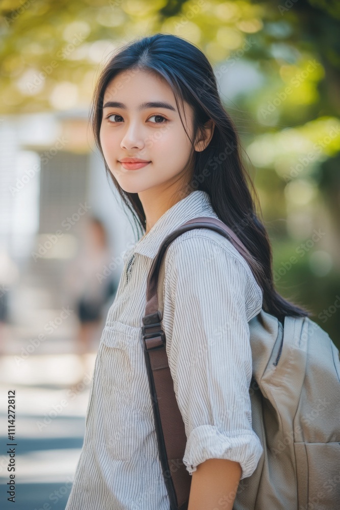 Portrait of a Young Asian Woman with Backpack Outdoors on a Sunny Day Portrait of a Young Asian Woman with Backpack Outdoors on a Sunny Day