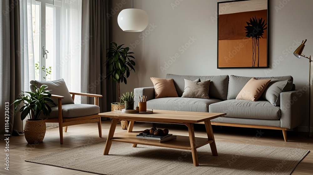 Wooden table in front of couch in spacious living room interior with plants and lamps. Real photo Wooden table in front of couch in spacious living room interior with plants and lamps. Real photo