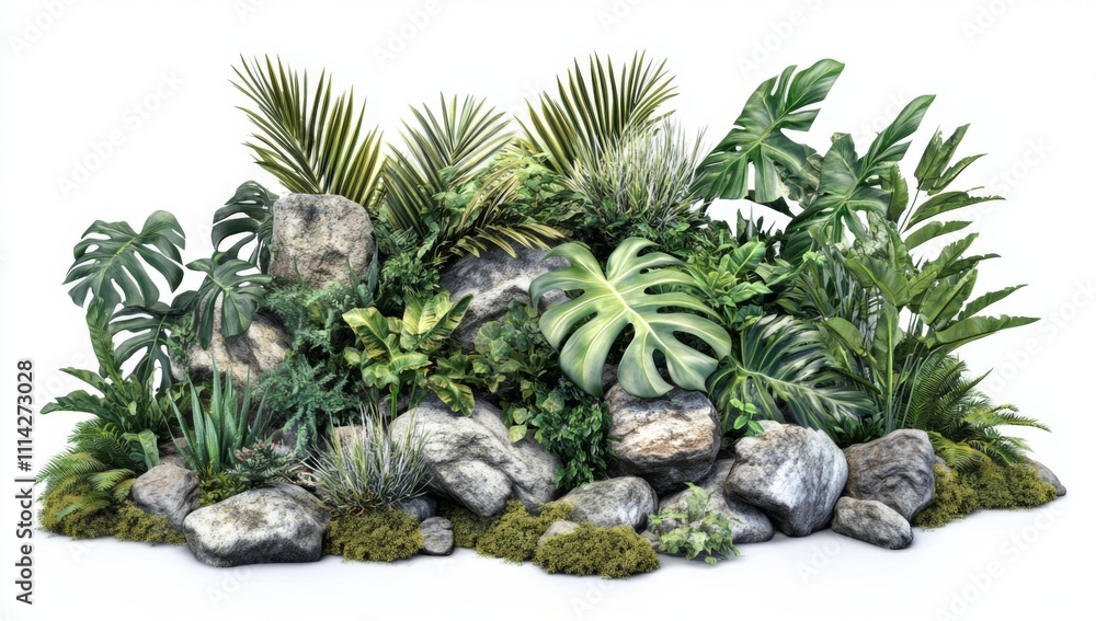 Fototapeta premium 3D Rendering of Tropical Plants and Rocks on Transparent PNG Background. Realistic Style with Detailed Textures.