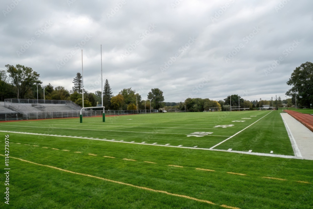 Fototapeta premium A pristine athletic field awaits the start of a game, the verdant grass reflecting the overcast sky