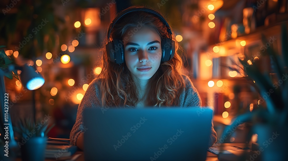 Woman podcast host using a laptop and microphone in a creative space decorated with books plants and ambient lighting Woman podcast host using a laptop and microphone in a creative space decorated with books plants and ambient lighting