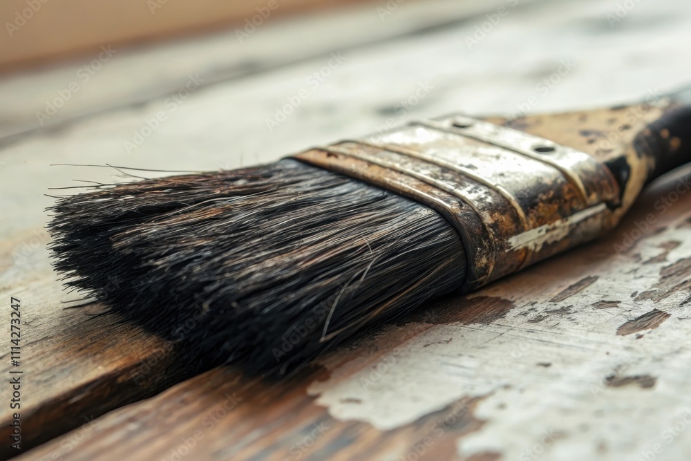 A well-worn paintbrush rests on a weathered wooden surface, its bristles showing signs of extensive use and age. A well-worn paintbrush rests on a weathered wooden surface, its bristles showing signs of extensive use and age.