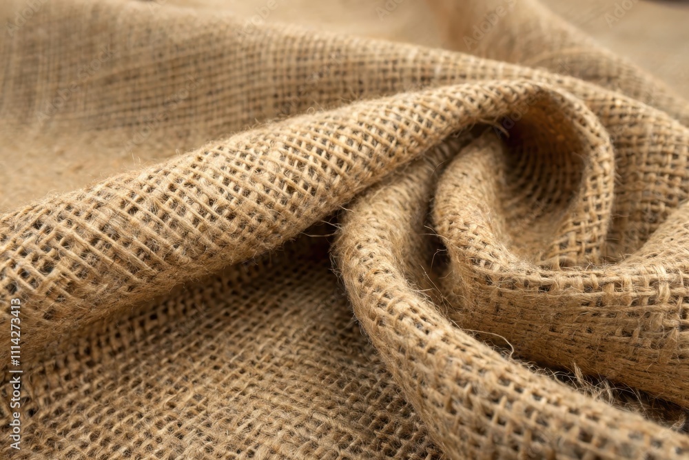Close-up view of a natural burlap fabric, showing its texture and weave Close-up view of a natural burlap fabric, showing its texture and weave