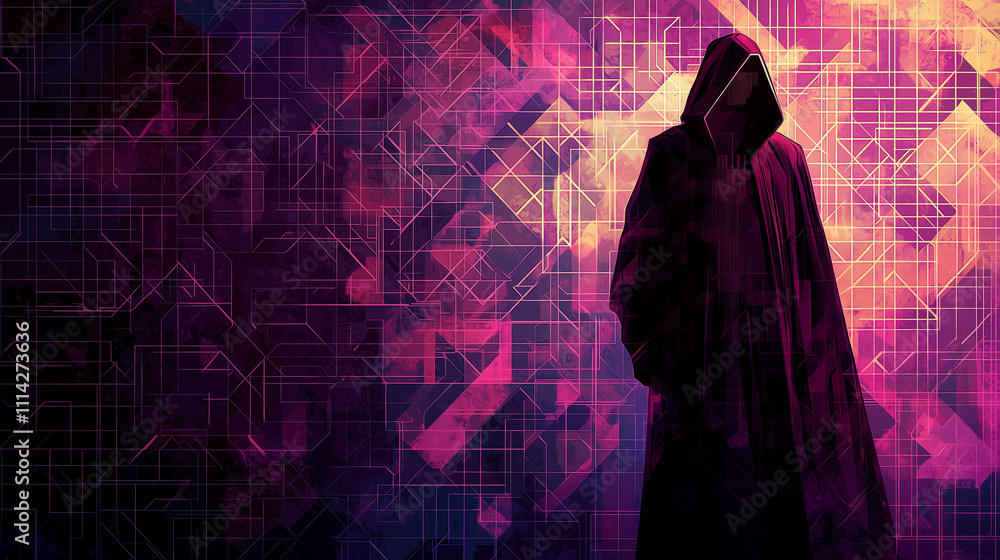 Mysterious hooded figure in a digital cyberpunk environment with glowing abstract geometric patterns Mysterious hooded figure in a digital cyberpunk environment with glowing abstract geometric patterns