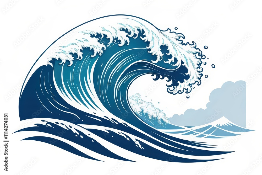Ocean Wave Illustration A Powerful Surge of Blue Water with Whitecaps and a Distant Horizon Ocean Wave Illustration A Powerful Surge of Blue Water with Whitecaps and a Distant Horizon