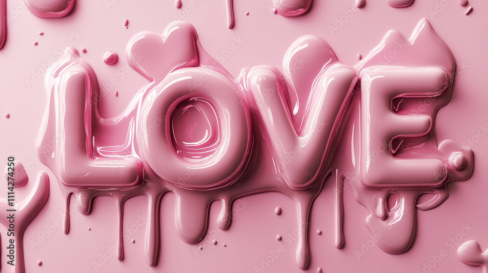 Colorful pink love text with dripping paint effect, perfect for romantic themes, Valentine's Day, or artistic design projects in a vibrant setting