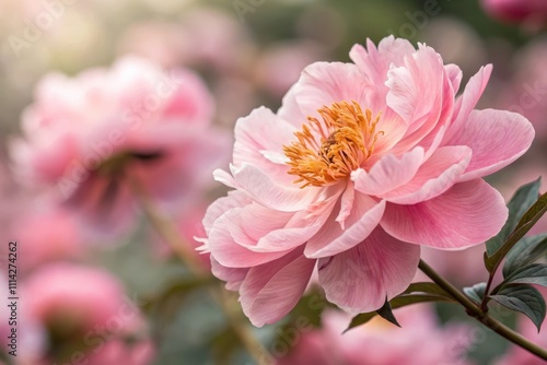 A delicate blush pink peony in full bloom, showcasing its intricate petals and vibrant yellow center, surrounded by a soft-focus background of similar flowers. photo