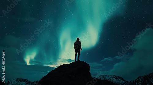 A silhouette of a man on a mountain under the aurora borealis, symbolizing freedom and adventure.