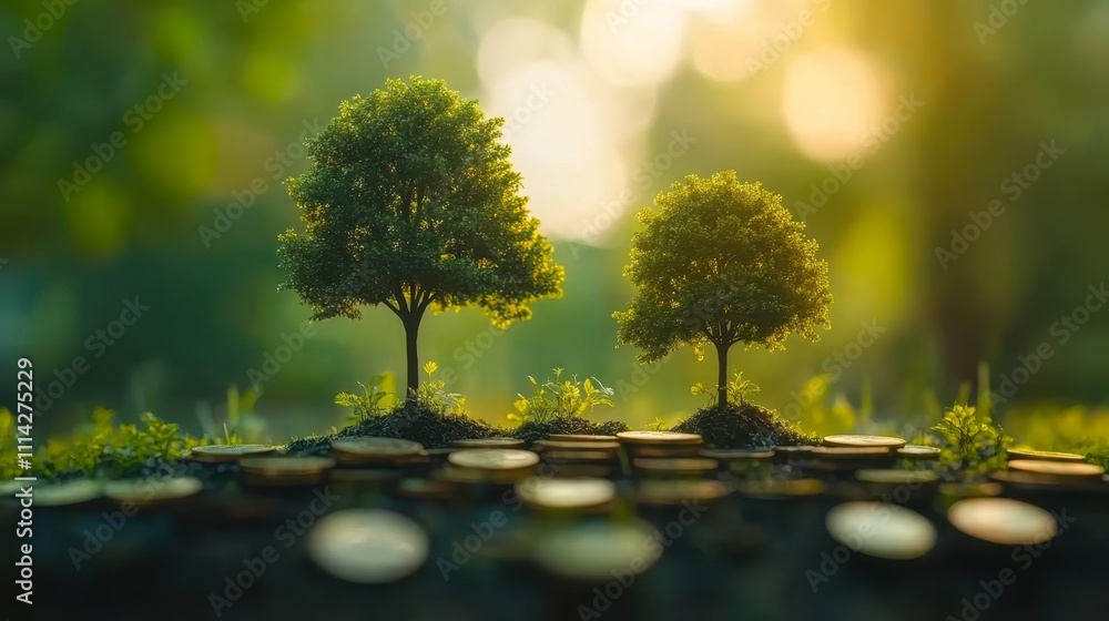 A close-up of miniature trees growing on a bed of coins symbolizes financial growth and sustainability, This image is ideal for articles on investment, eco-friendly businesses, or financial planning, A close-up of miniature trees growing on a bed of coins symbolizes financial growth and sustainability, This image is ideal for articles on investment, eco-friendly businesses, or financial planning,