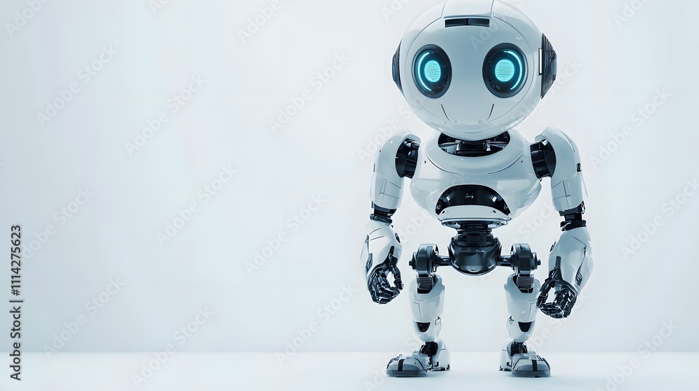 Cool Grey Robot in a One-Legged Stand on a White Surface, Symbolizing Stability in Technology