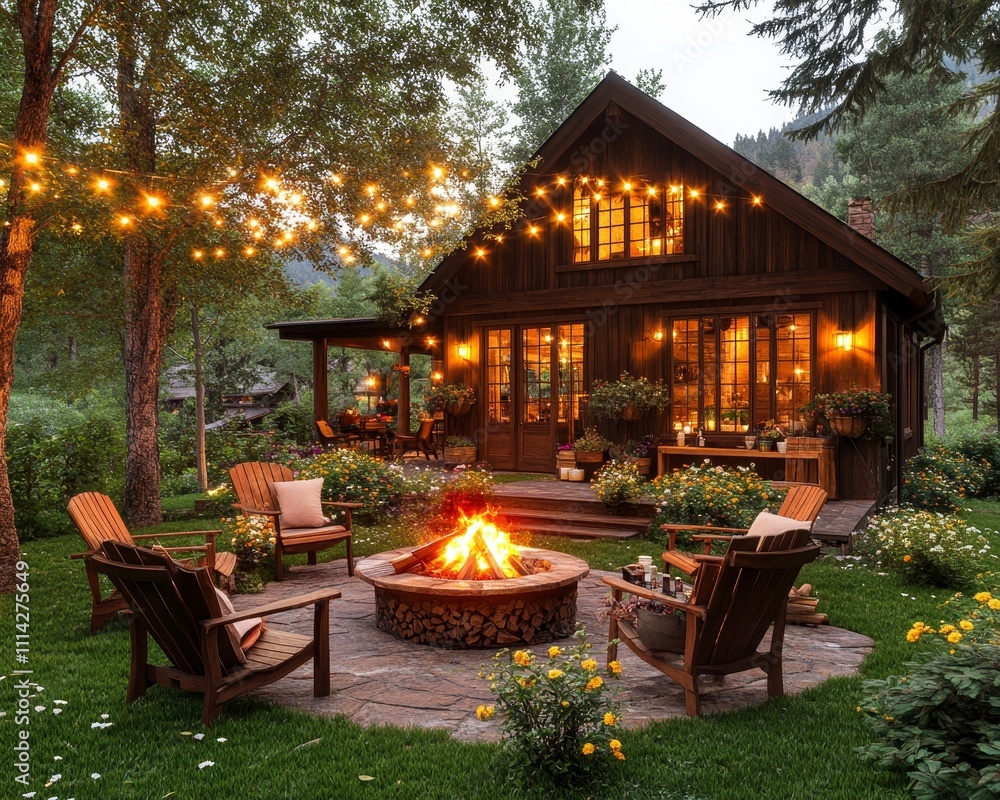 Obraz premium Cozy Backyard Scene with Rustic Barbecue Setup for Outdoor Dining and Relaxation in a Charming Garden Environment