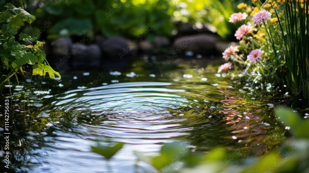 Serene garden pond with ripples, flowers, and lush greenery. Serene garden pond with ripples, flowers, and lush greenery.