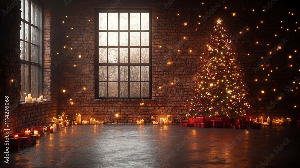 Cozy Christmas Tree and Candle Arrangement in Rustic Room Cozy Christmas Tree and Candle Arrangement in Rustic Room