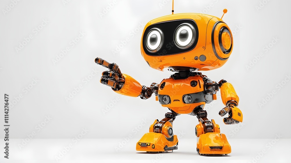 Cute Orange Robot with Bright Eyes and Joyful Expression Pointing Leftward, Solid Light Gray Background for AI Product Placement Cute Orange Robot with Bright Eyes and Joyful Expression Pointing Leftward, Solid Light Gray Background for AI Product Placement