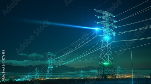 A high resolution photo of an electrical pylon, power line cable electric supply, lightning highway long exposure effect, 