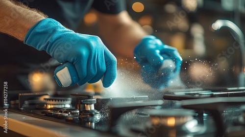 Person cleaning a kitchen stovetop with gloves photo