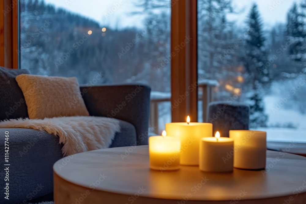 Naklejka premium Imagine a modern living room with flickering candles creating a warm atmosphere, perfect for chilly winter months. Large windows showcase a beautiful snowy scenery, enhancing the cozy environment