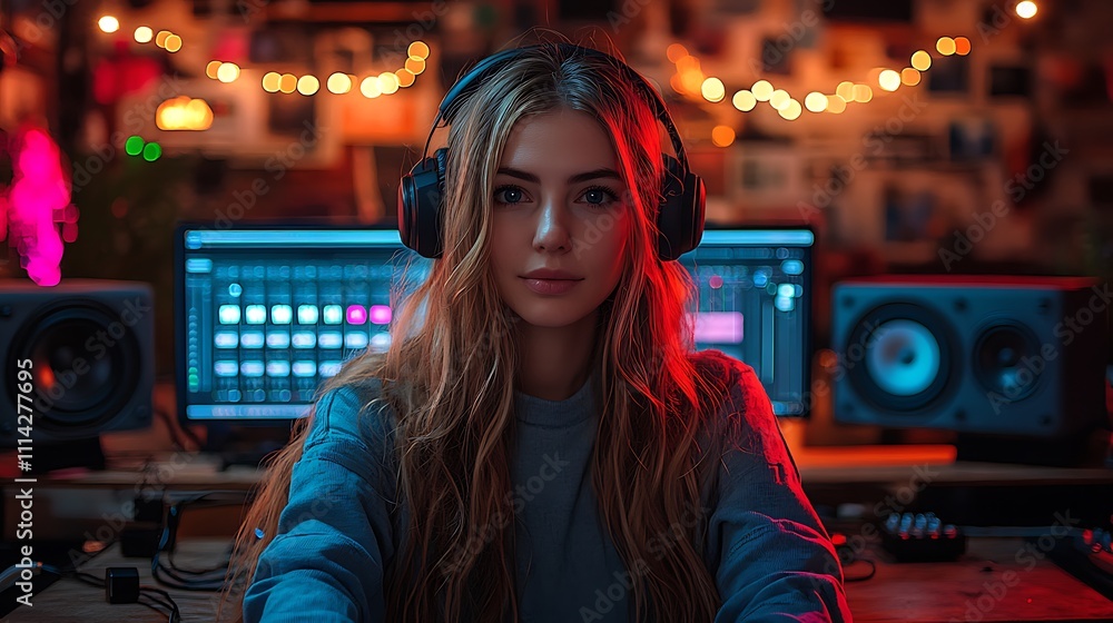 Bright creative studio setup with a female content creator podcasting using tech equipment and organized workspace elements Bright creative studio setup with a female content creator podcasting using tech equipment and organized workspace elements