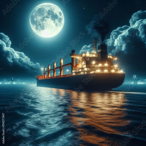 Illuminated cargo ship under full moon on dark sea at nigh
