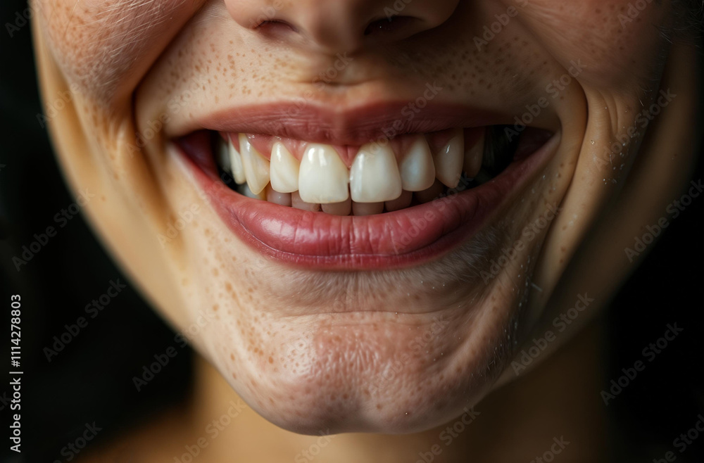 Fototapeta premium Large portrait young smiling beautiful woman, female toothy smile. AI Generative