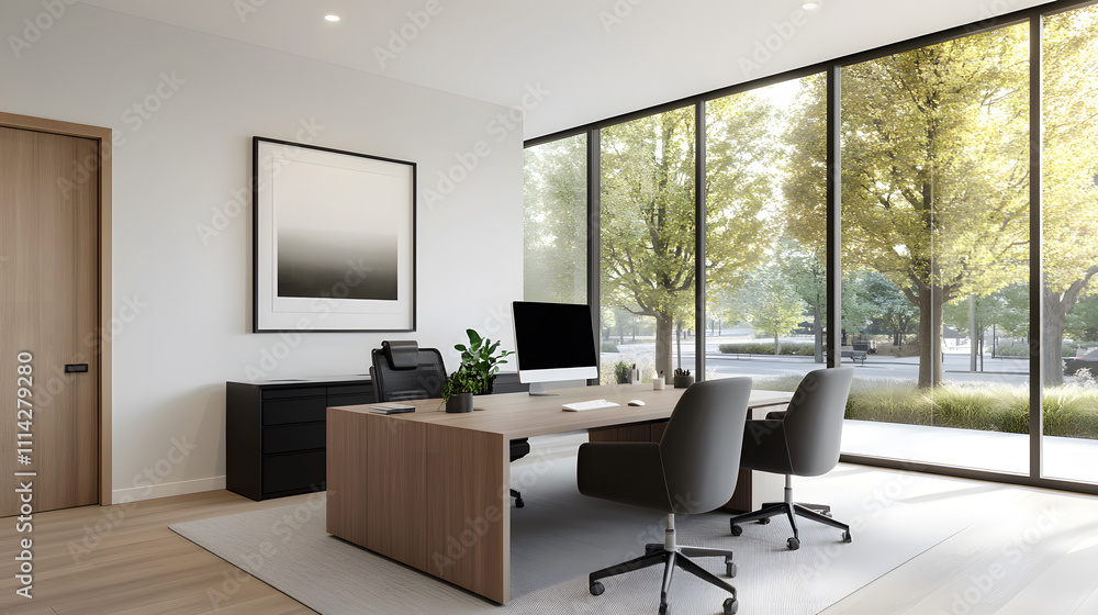 A high-end office space with glass walls, a large desk with a computer, and cutting-edge gadgets like a smart speaker A high-end office space with glass walls, a large desk with a computer, and cutting-edge gadgets like a smart speaker