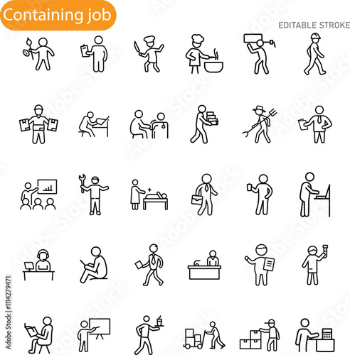 Diverse Professions Line Icons of People at Work Jobs