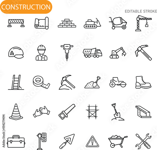 Construction Icons Tools, Equipment, Safety, and Building Materials