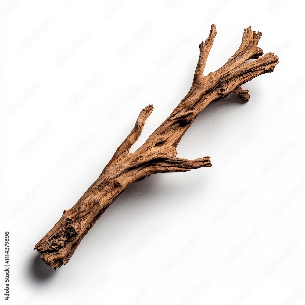 A single piece of driftwood, detailed and centered on a seamless white background A single piece of driftwood, detailed and centered on a seamless white background